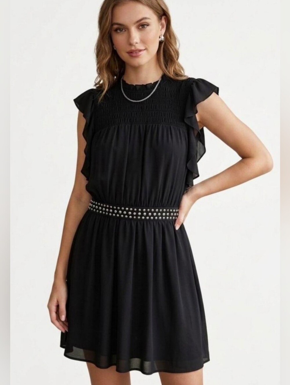 MICHAEL Michael Kors Black Studded Waist Mock Neck Ruffle Cocktail Dress.  M